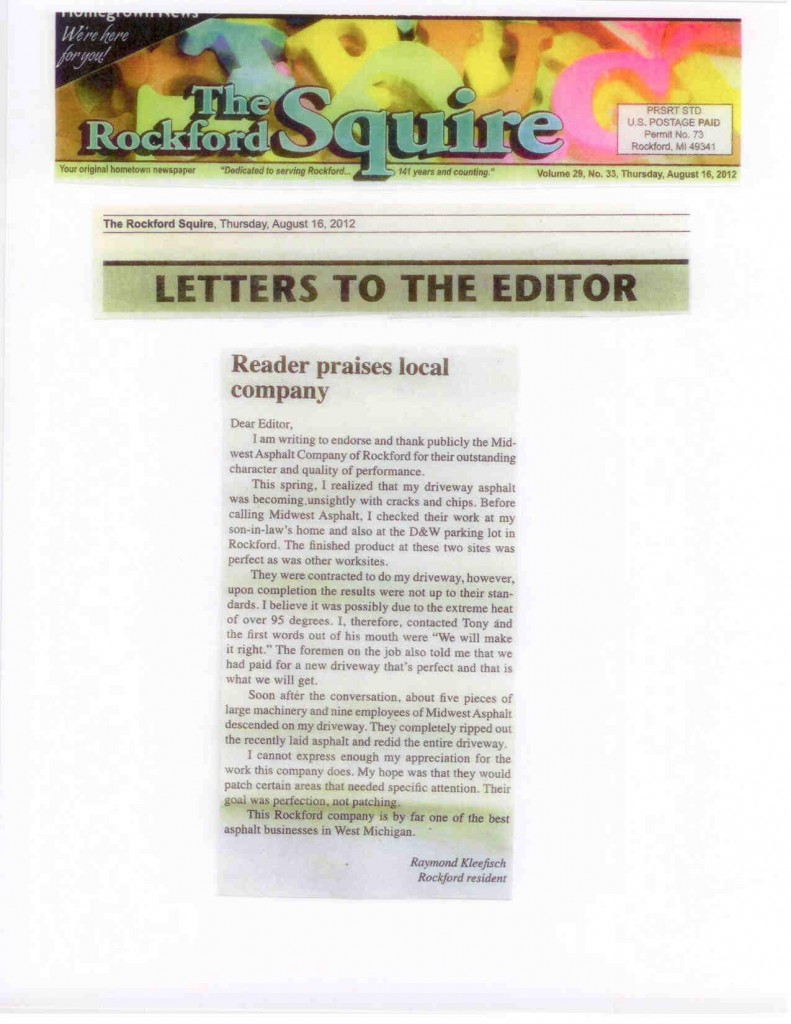 Rockford Squire Letter to the Editor Praising Midwest Asphalt